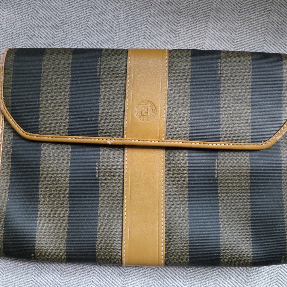 Vintage Fendi Penguin Tan Brown Black Striped Designer Clutch Handbag 70s 80s